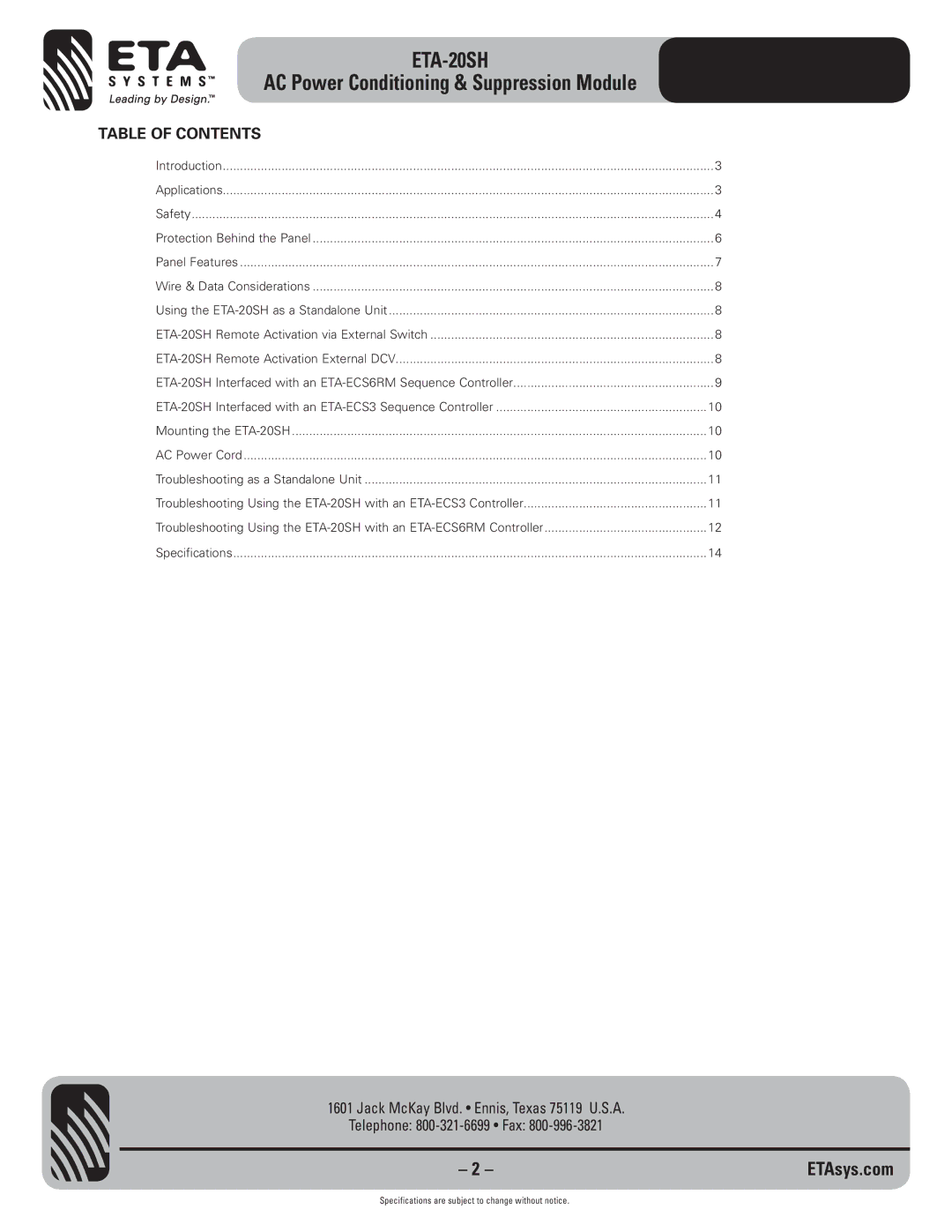 ETA Systems ETA-20SH specifications AC Power Conditioning & Suppression Module, Table of Contents 