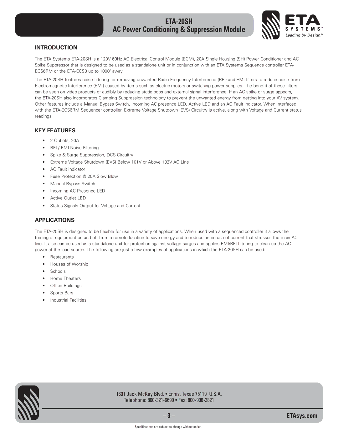 ETA Systems ETA-20SH specifications Introduction, KEY Features, Applications 