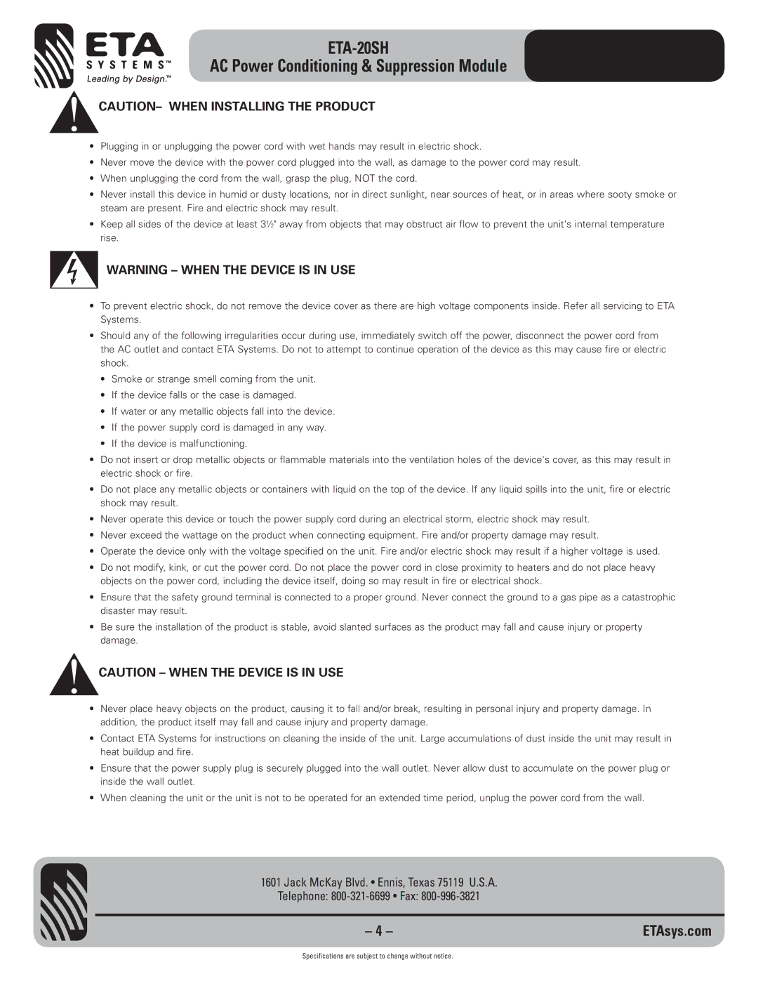 ETA Systems ETA-20SH specifications 