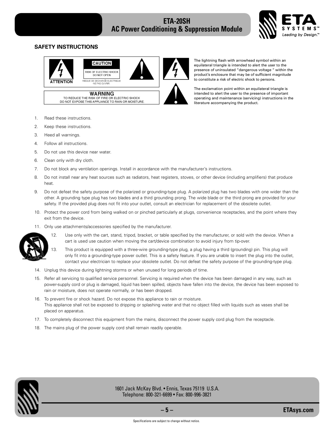 ETA Systems ETA-20SH specifications Safety Instructions 