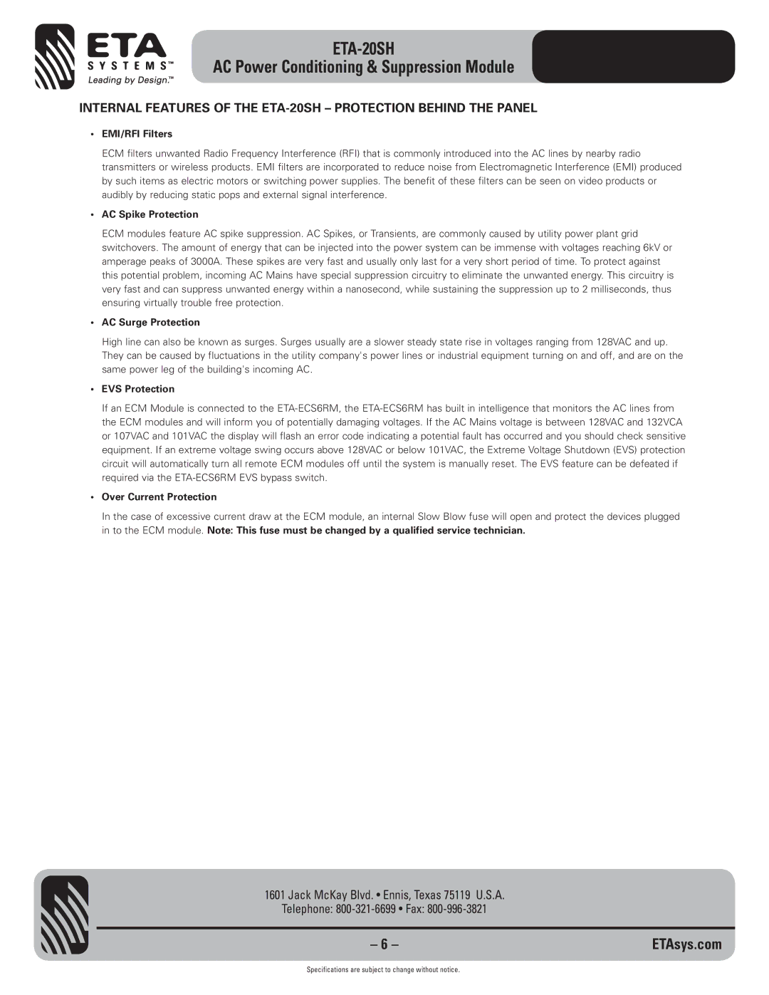 ETA Systems ETA-20SH EMI/RFI Filters, AC Spike Protection, AC Surge Protection, EVS Protection, Over Current Protection 