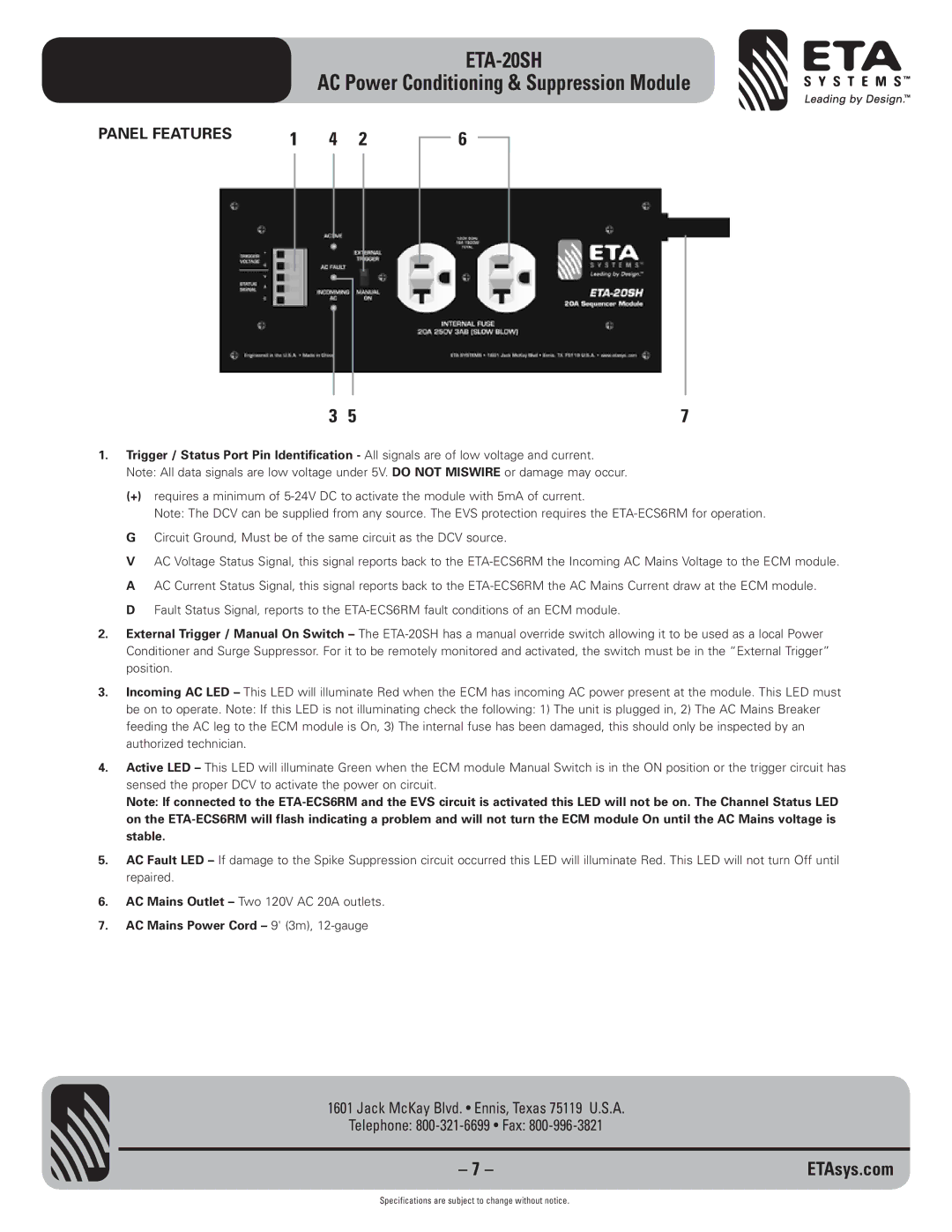 ETA Systems ETA-20SH specifications Panel Features, AC Mains Power Cord 9 3m, 12-gauge 