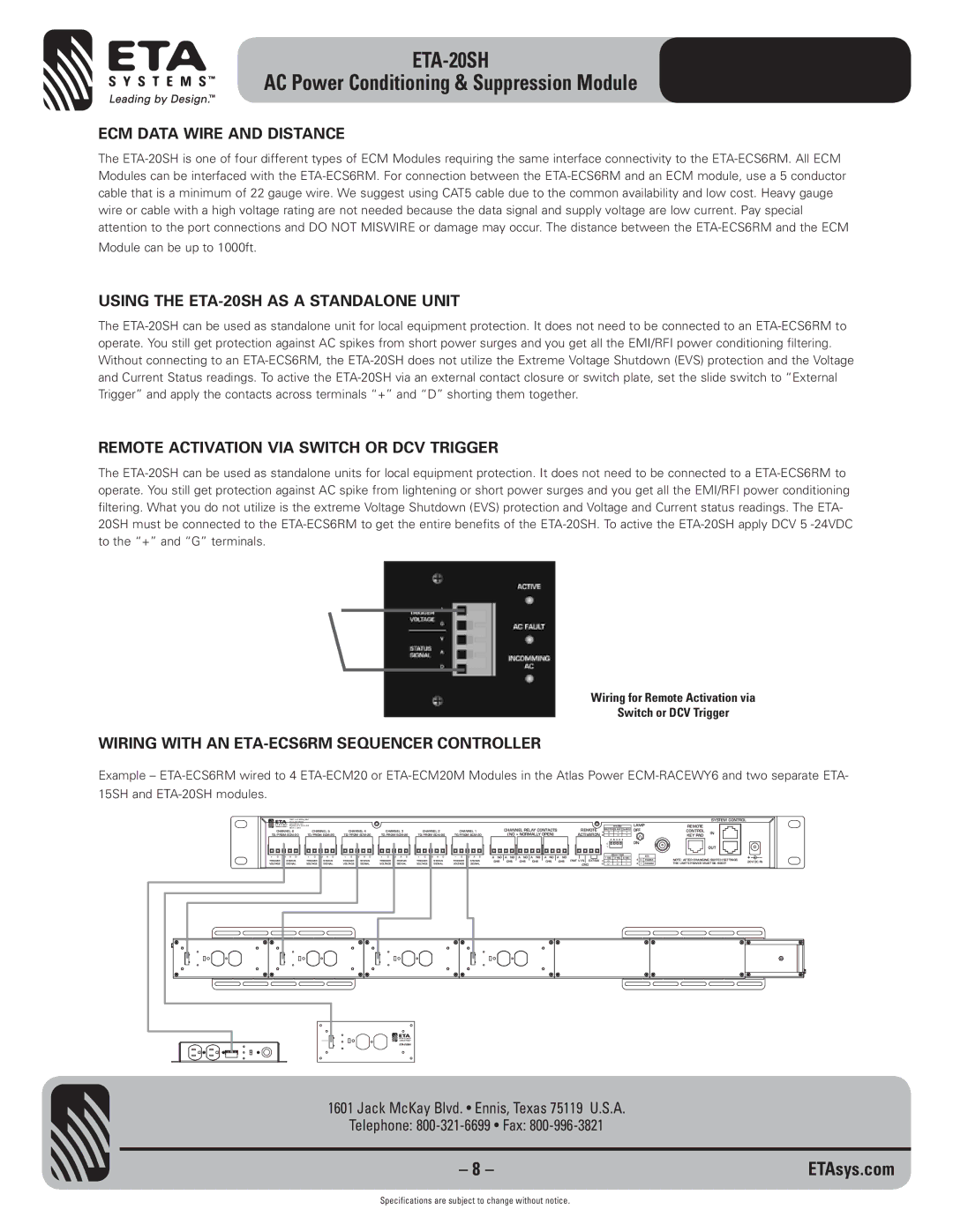 ETA Systems specifications ECM Data Wire and Distance, Using the ETA-20SH AS a Standalone Unit 