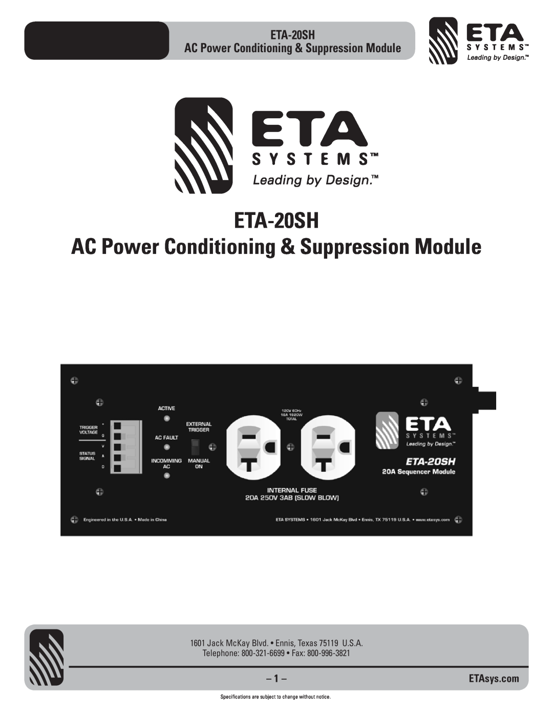 ETA Systems specifications ETA-20SH AC Power Conditioning & Suppression Module, Telephone 800-321-6699 Fax, ETAsys.com 