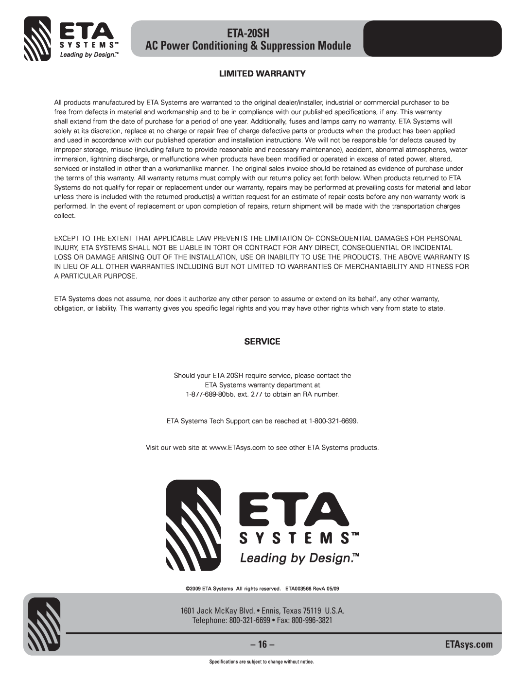 ETA Systems Limited Warranty, Service, ETA-20SH AC Power Conditioning & Suppression Module, Telephone 800-321-6699 Fax 