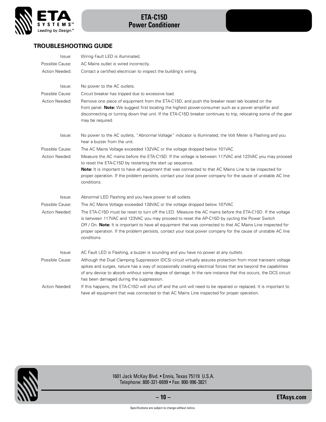 ETA Systems ETA C15D specifications Troubleshooting Guide, To reset the ETA-C15D by restarting the start up sequence 