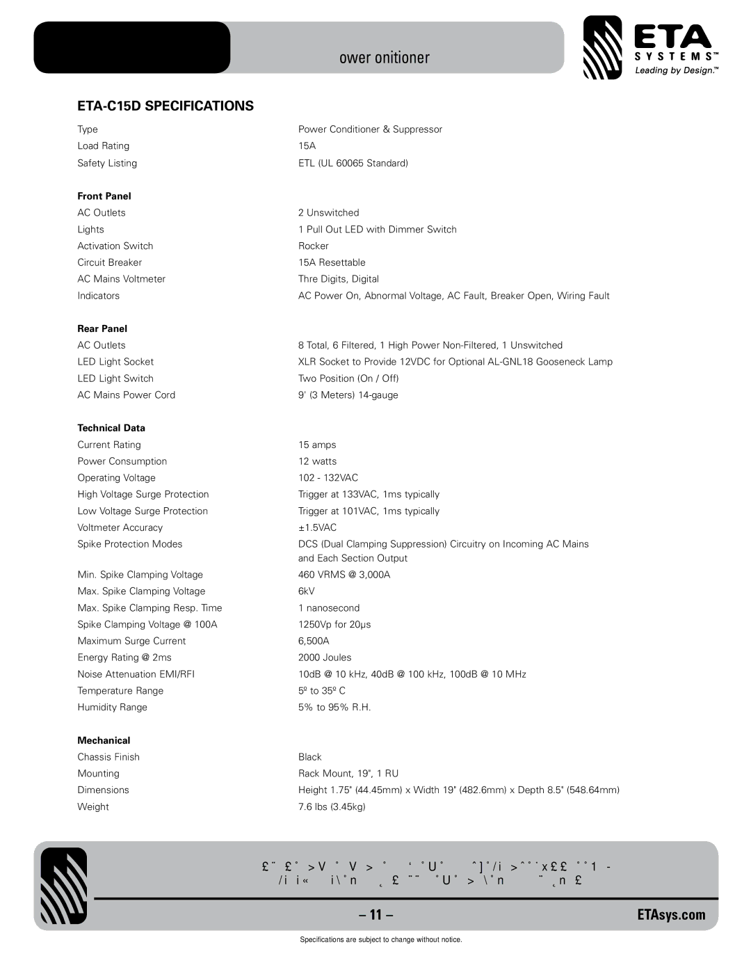 ETA Systems ETA C15D specifications ETA-C15D Specifications, Technical Data 