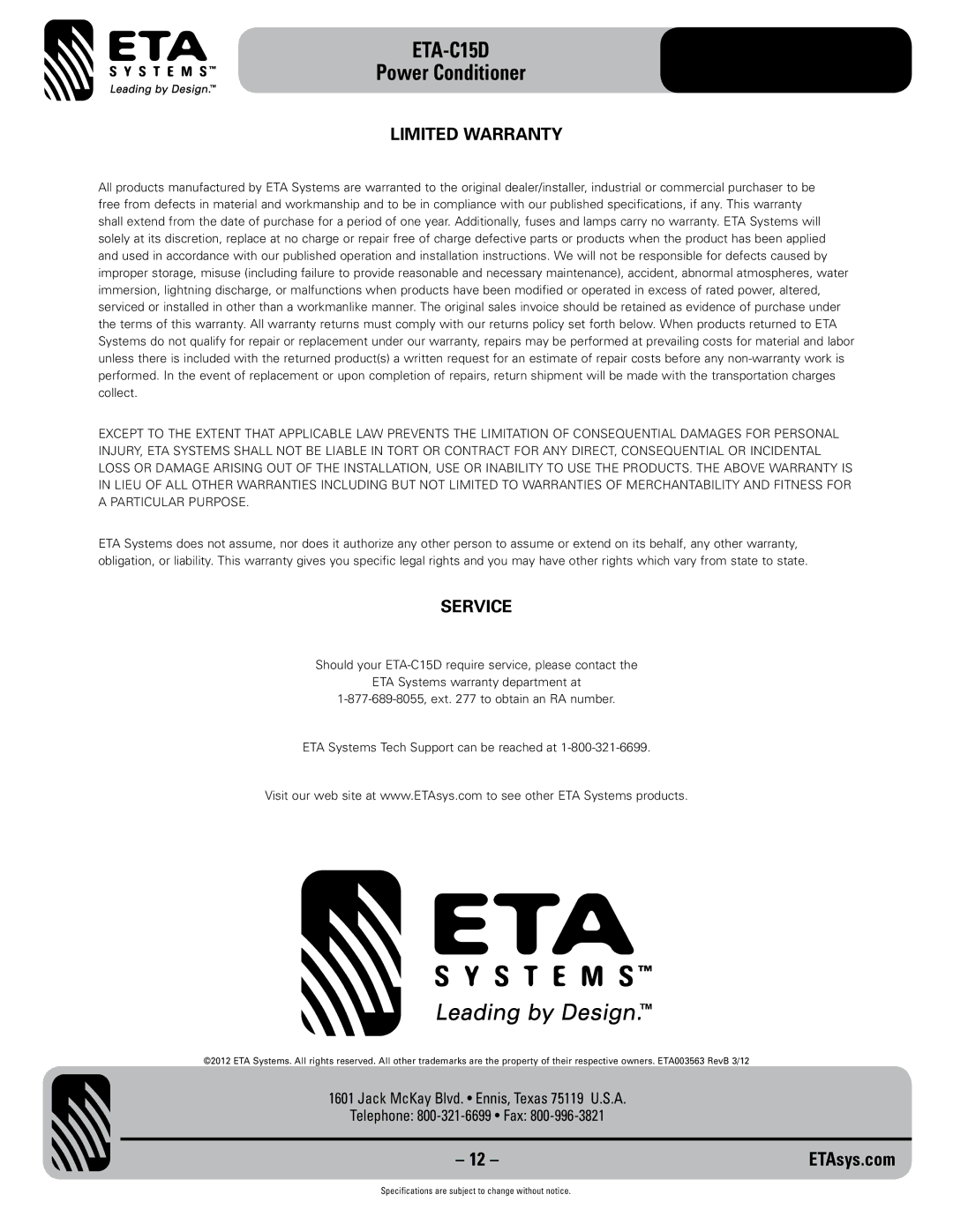 ETA Systems ETA C15D specifications Limited Warranty, Service 