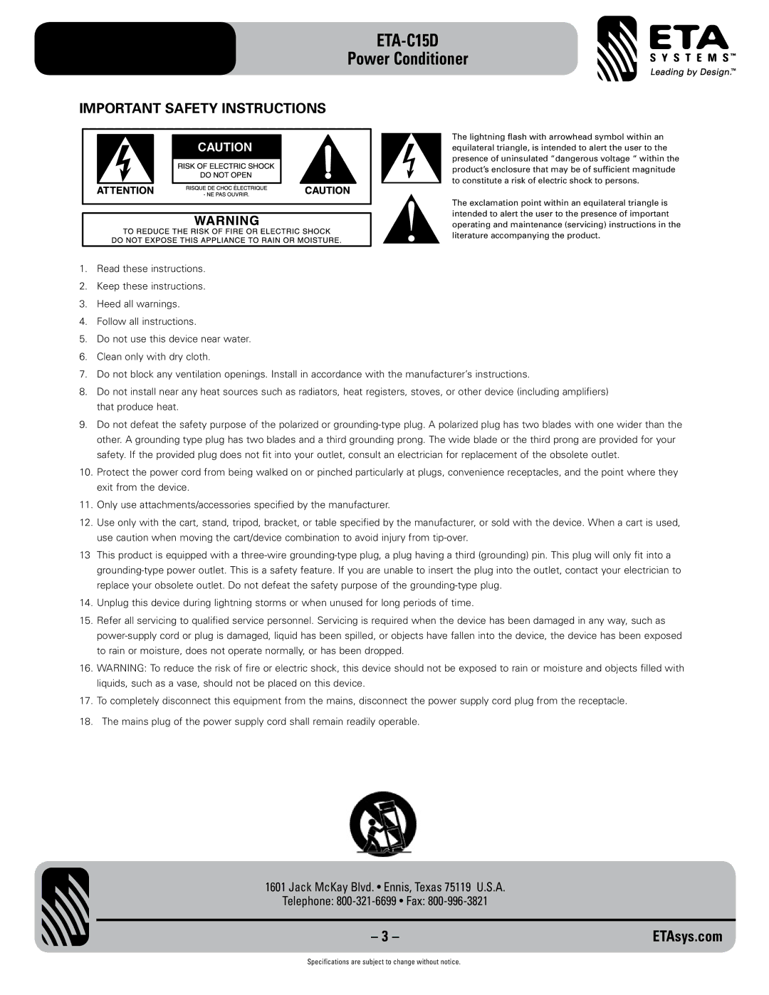 ETA Systems ETA C15D specifications Important Safety Instructions 