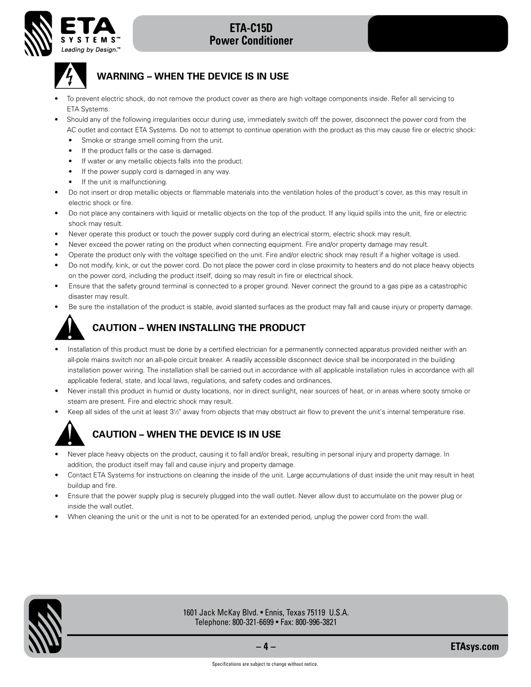 ETA Systems ETA C15D specifications ETA-C15D 