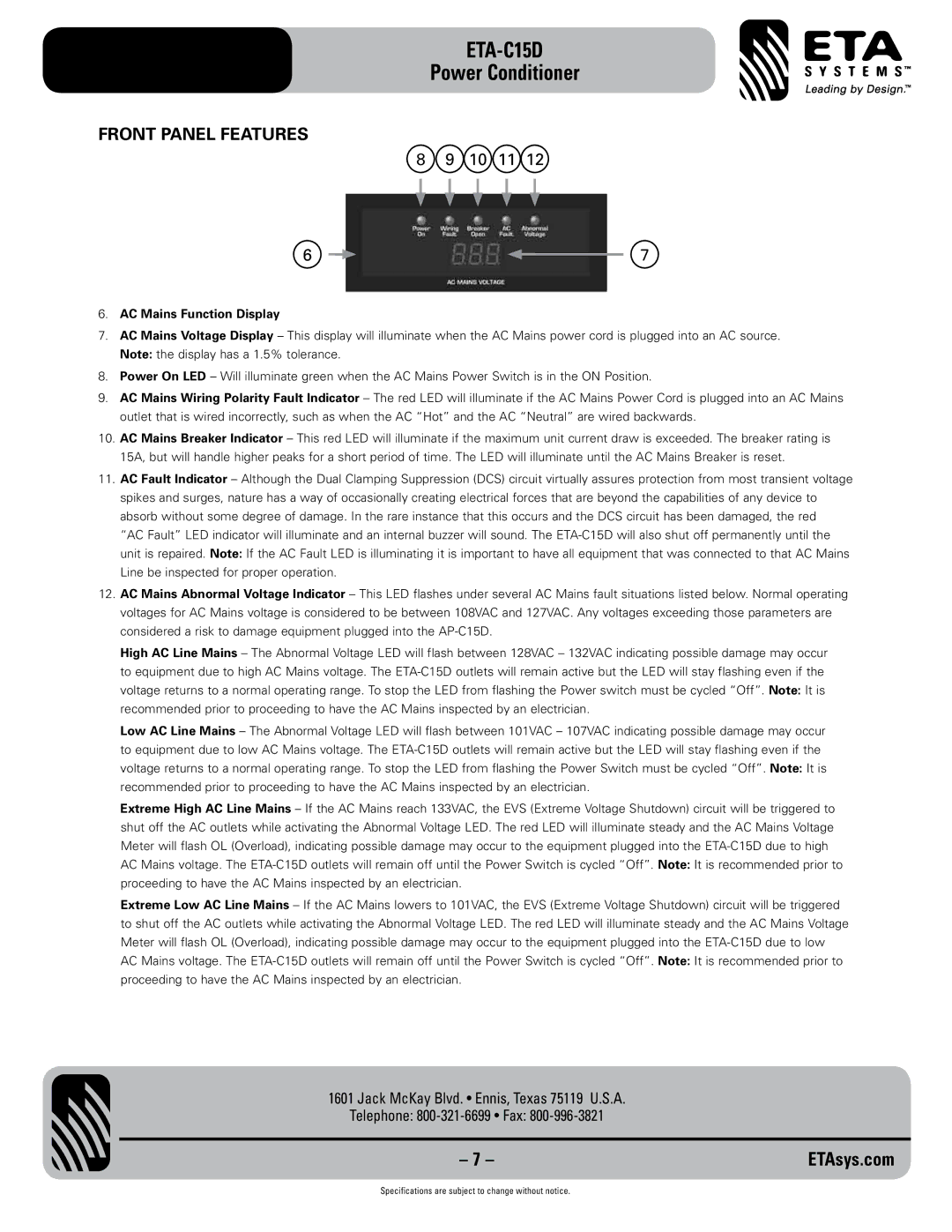 ETA Systems ETA C15D specifications 10 11 