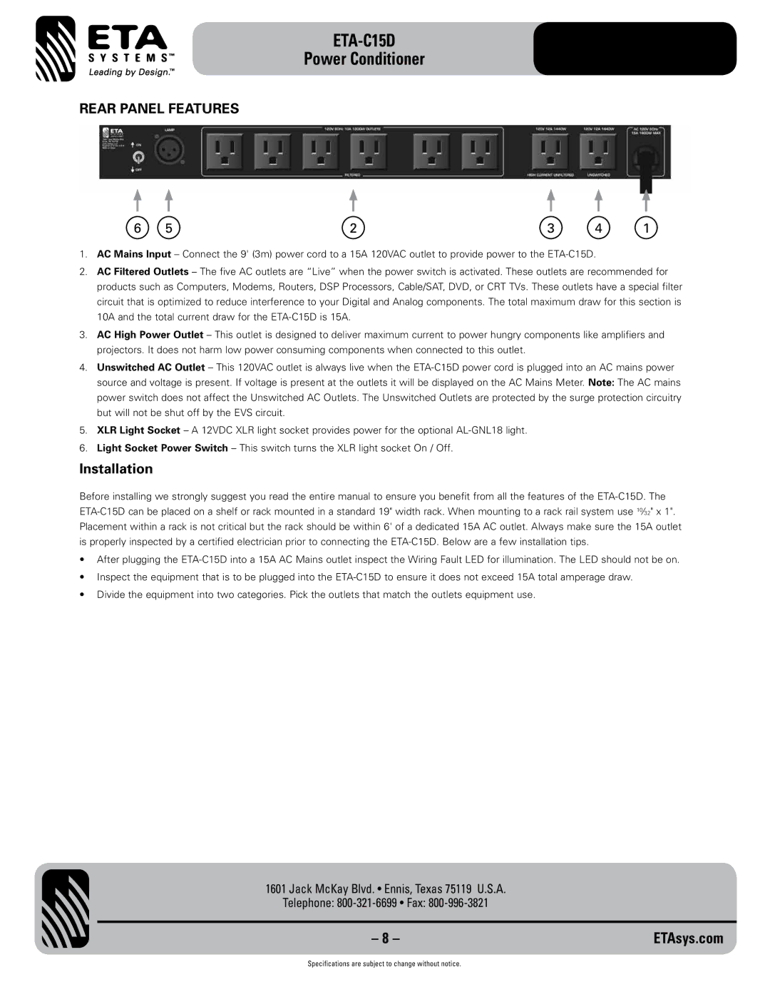 ETA Systems ETA C15D specifications Rear Panel Features, Installation 