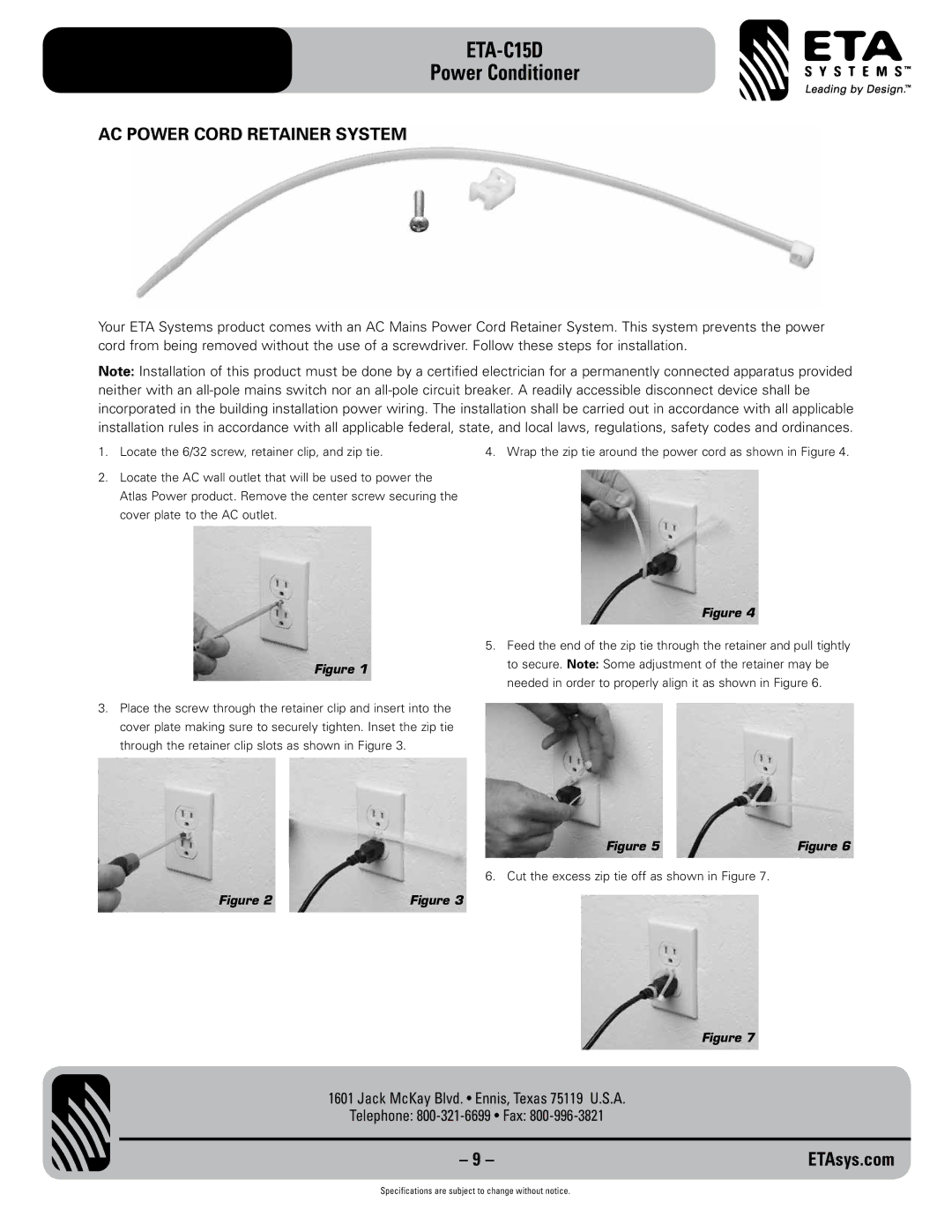 ETA Systems ETA C15D specifications AC Power Cord Retainer System 