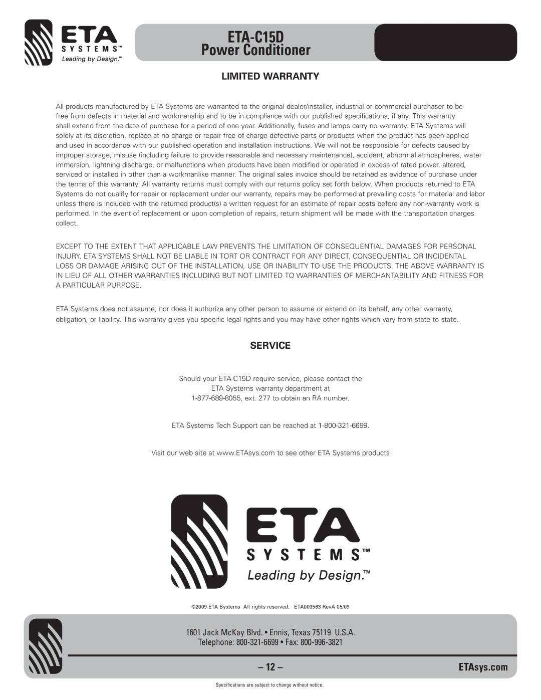 ETA Systems ETA-C15D specifications Limited Warranty, Service 