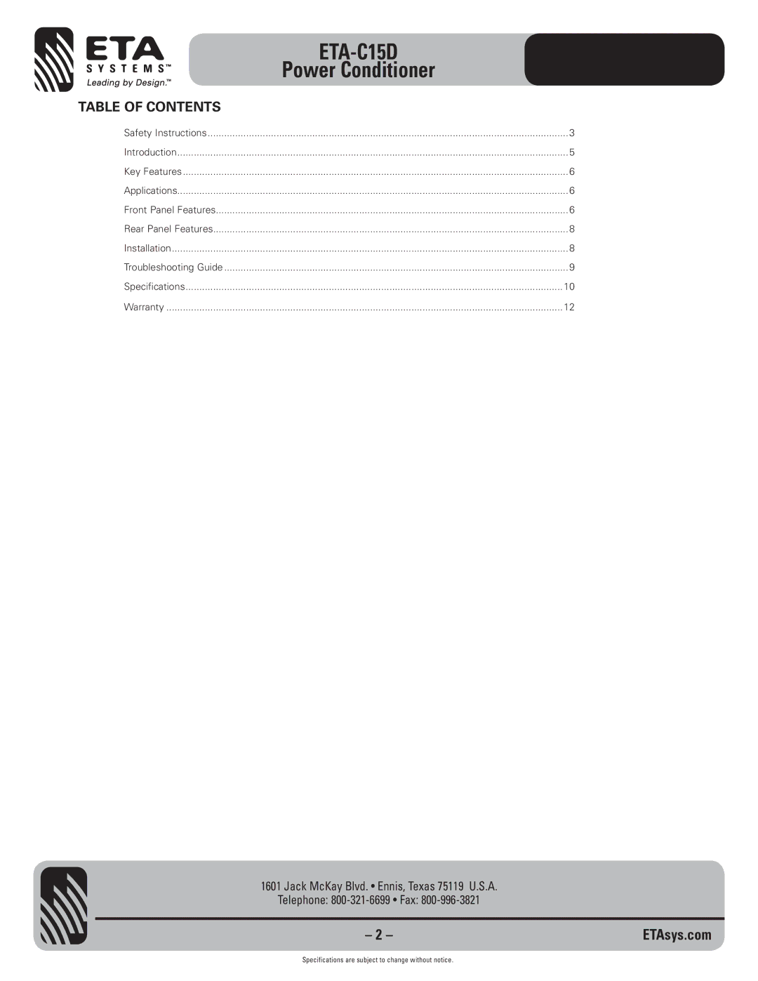 ETA Systems ETA-C15D specifications Power Conditioner, Table of Contents 