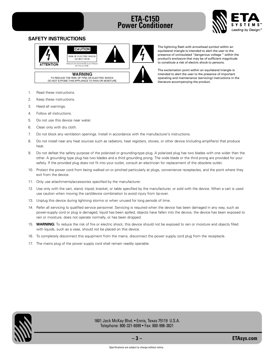 ETA Systems ETA-C15D specifications Safety Instructions 