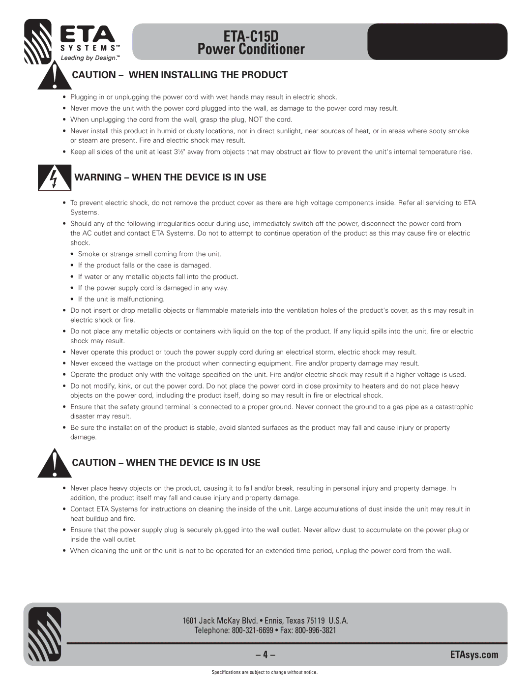 ETA Systems ETA-C15D specifications 