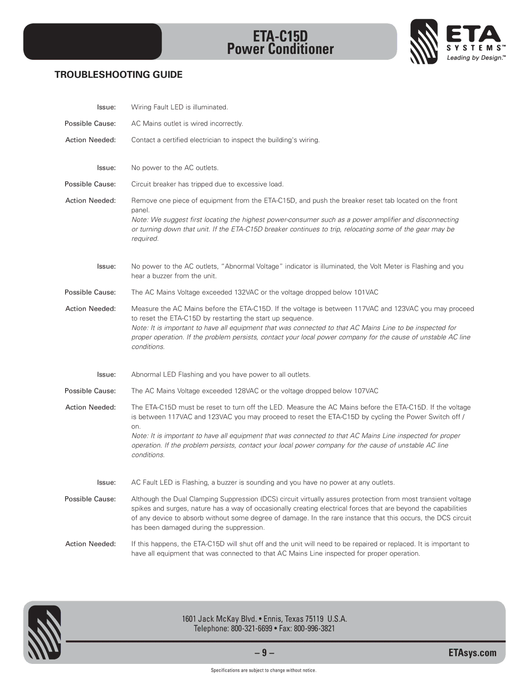 ETA Systems ETA-C15D specifications Troubleshooting Guide 