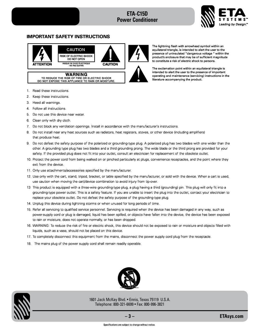 ETA Systems ETA C15D Important Safety Instructions, ETA-C15D Power Conditioner, Jack McKay Blvd. Ennis, Texas 75119 U.S.A 
