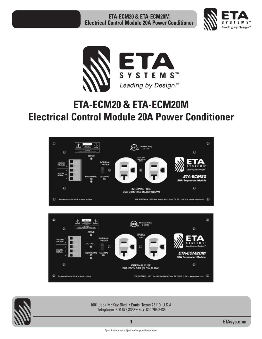 ETA Systems specifications ETA-ECM20 & ETA-ECM20M 