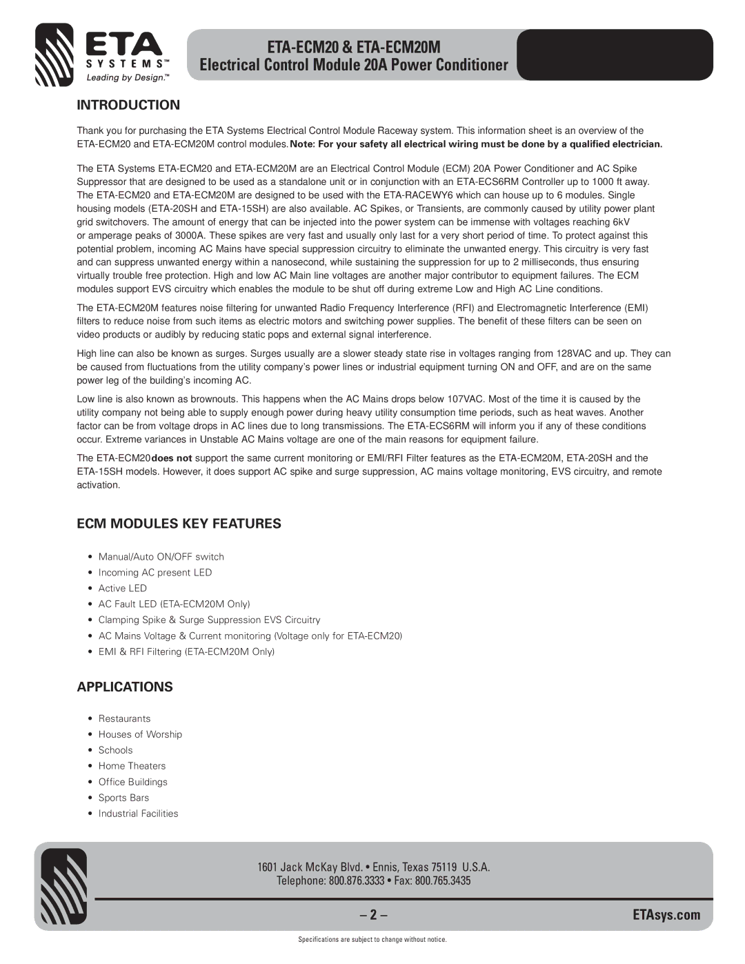 ETA Systems ETA-ECM20M specifications Introduction, ECM Modules KEY Features, Applications 