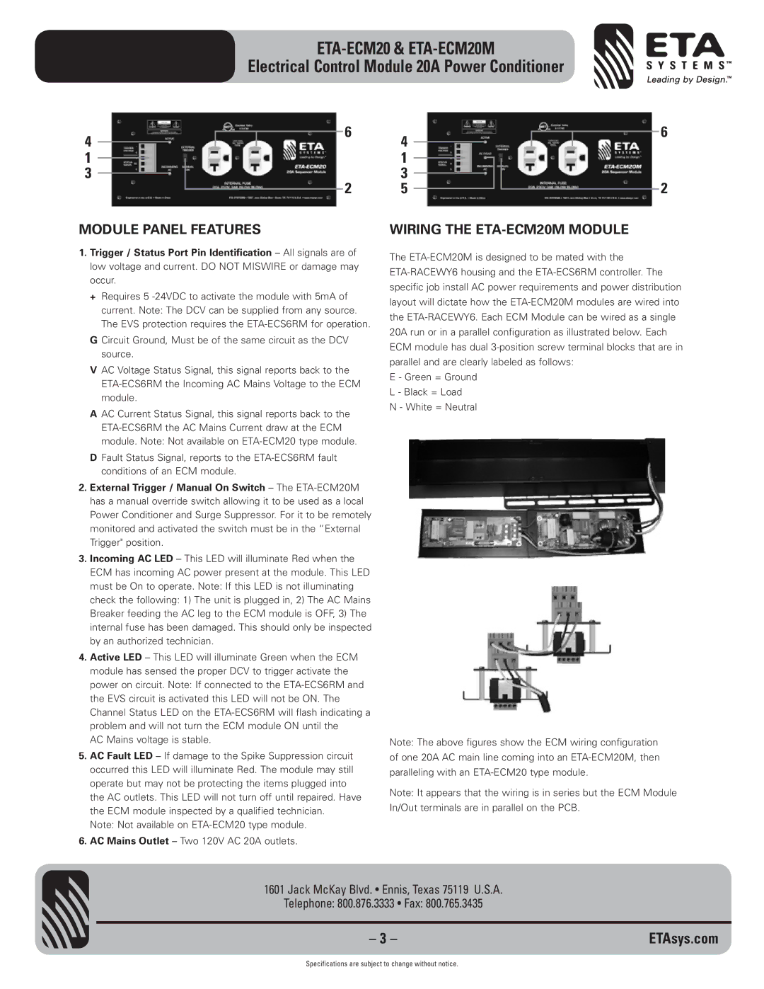 ETA Systems specifications Module Panel Features, Wiring the ETA-ECM20M Module 