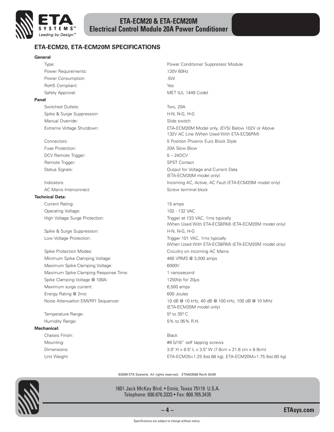 ETA Systems specifications ETA-ECM20, ETA-ECM20M Specifications, Panel 