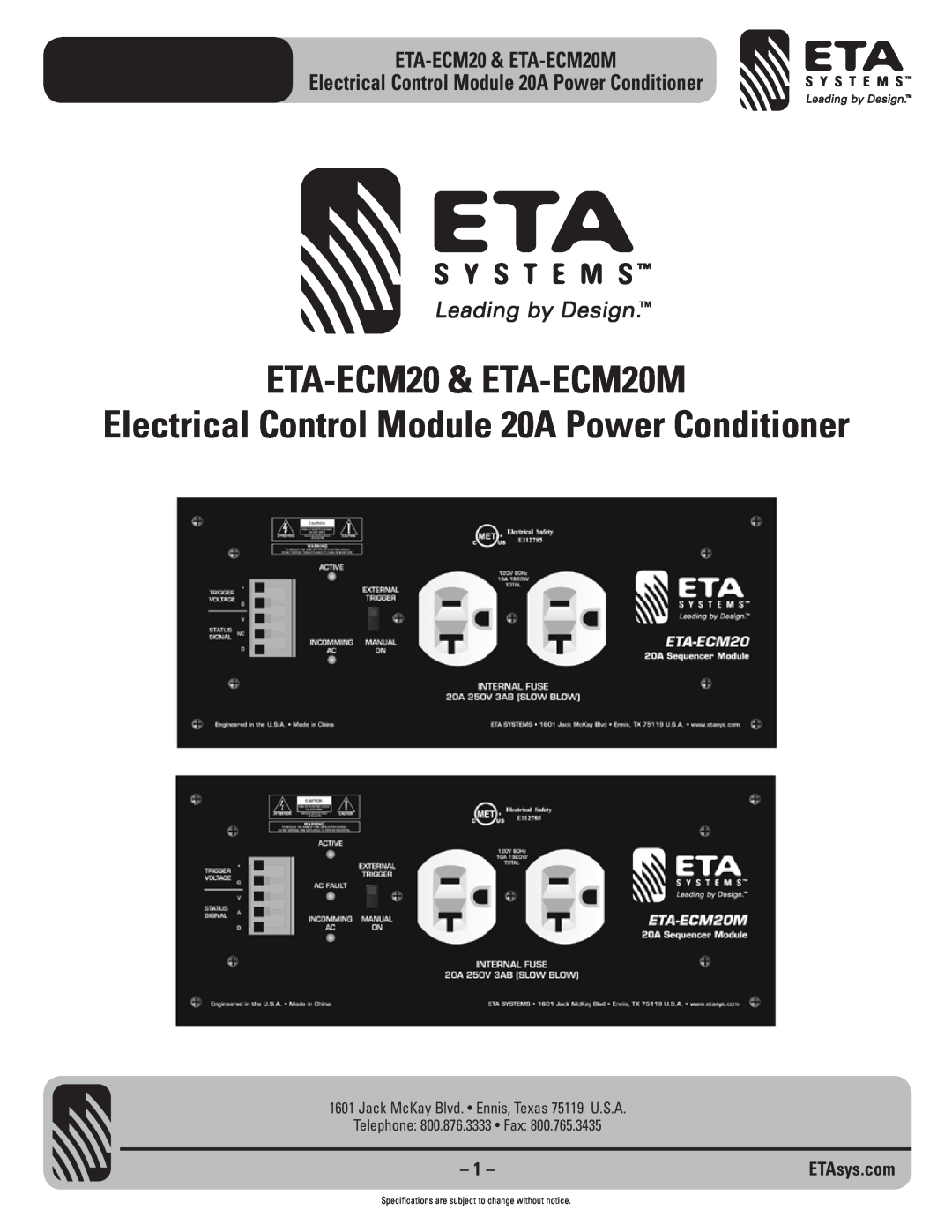 ETA Systems specifications ETA-ECM20 & ETA-ECM20M, Electrical Control Module 20A Power Conditioner, ETAsys.com 