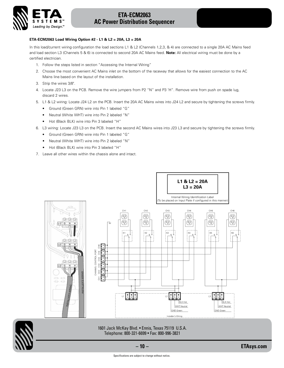 ETA Systems eta-ecm2063 specifications L1 & L2 = 20A L3 = 20A, ETA-ECM2063 Load Wiring Option #2 L1 & L2 = 20A, L3 = 20A 