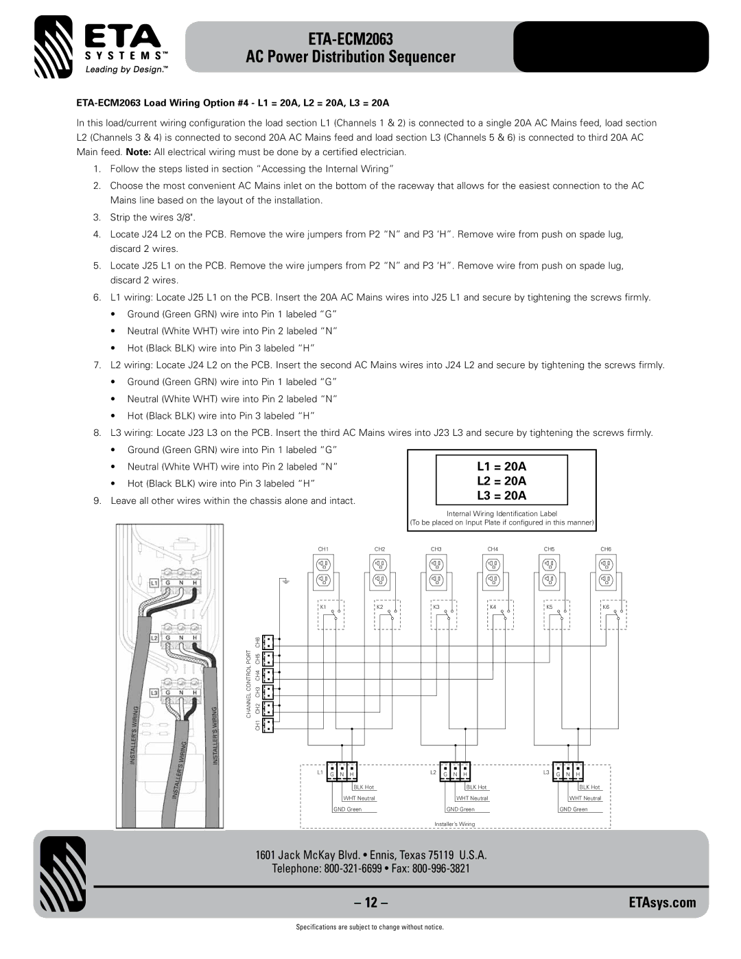 ETA Systems eta-ecm2063 specifications L1 = 20A L2 = 20A L3 = 20A 