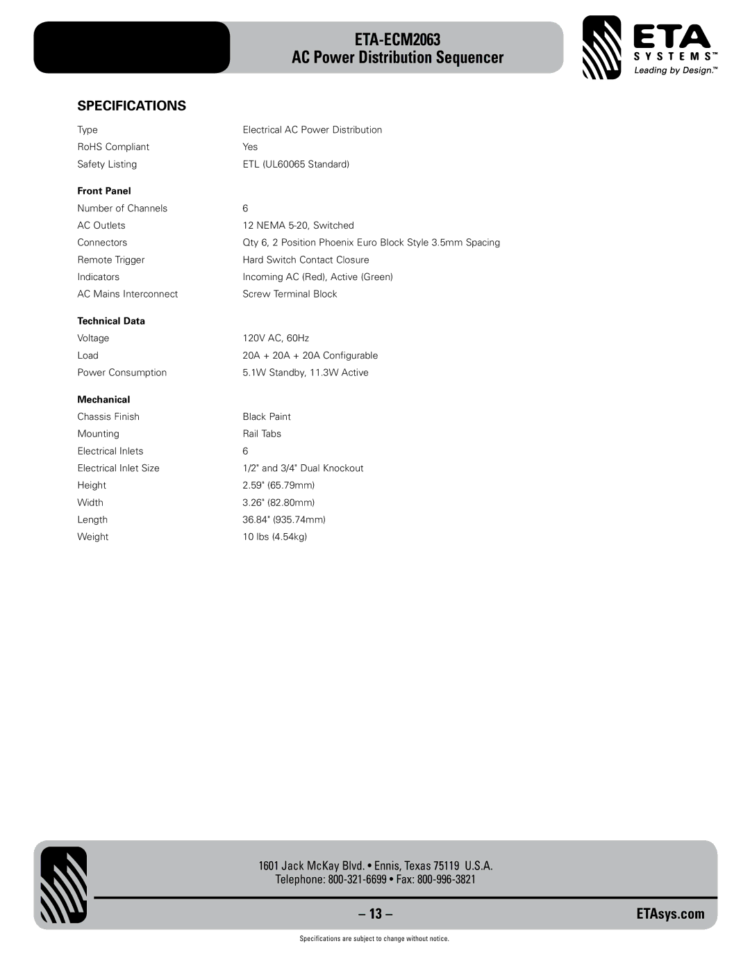 ETA Systems eta-ecm2063 specifications Specifications, Front Panel, Technical Data, Mechanical 