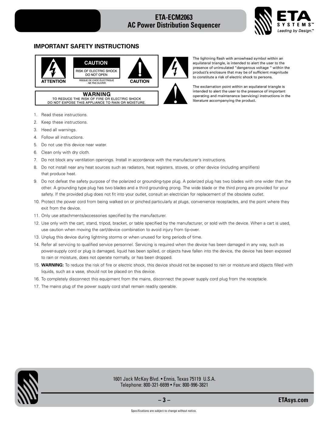 ETA Systems eta-ecm2063 specifications Important Safety Instructions 