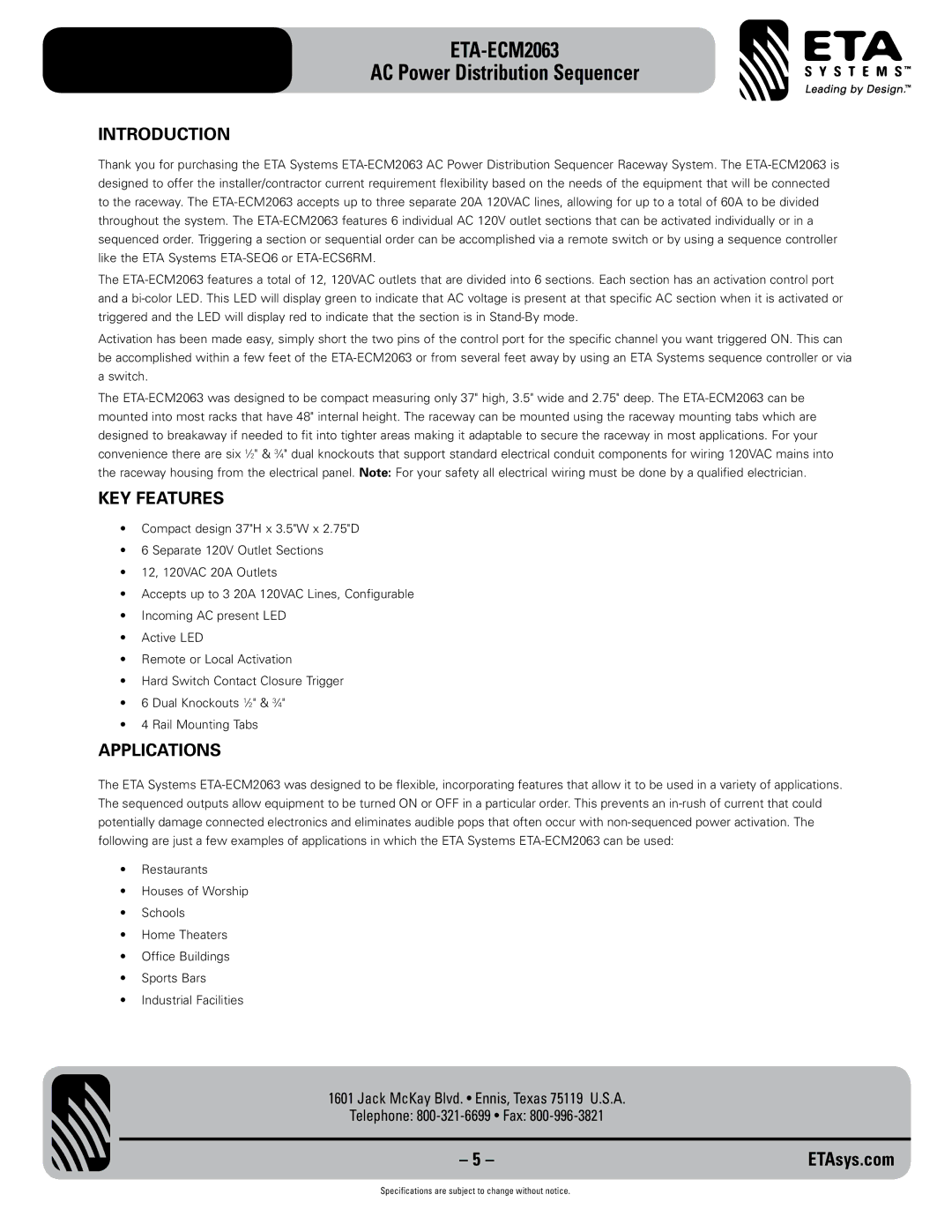 ETA Systems eta-ecm2063 specifications Introduction, KEY Features, Applications 