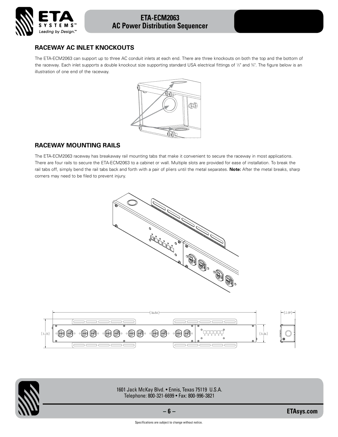 ETA Systems eta-ecm2063 specifications Raceway AC Inlet Knockouts, Raceway Mounting Rails 