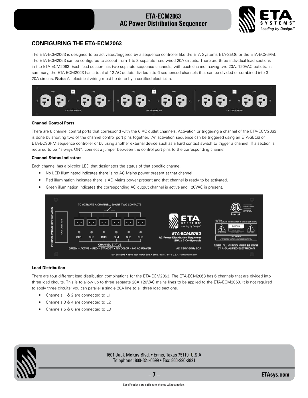 ETA Systems eta-ecm2063 Configuring the ETA-ECM2063, Channel Control Ports, Channel Status Indicators, Load Distribution 