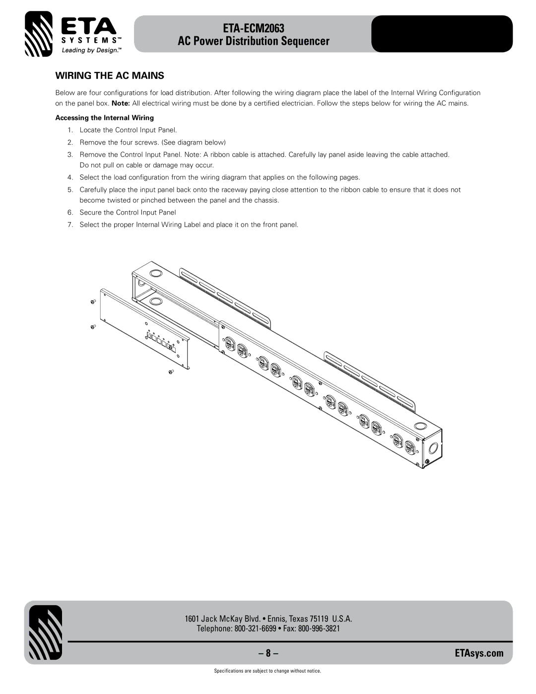 ETA Systems eta-ecm2063 specifications Wiring the AC Mains, Accessing the Internal Wiring 