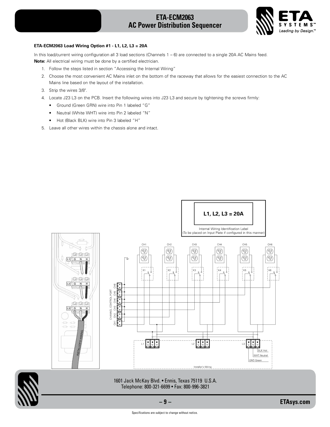 ETA Systems eta-ecm2063 specifications ETA-ECM2063 Load Wiring Option #1 L1, L2, L3 = 20A 