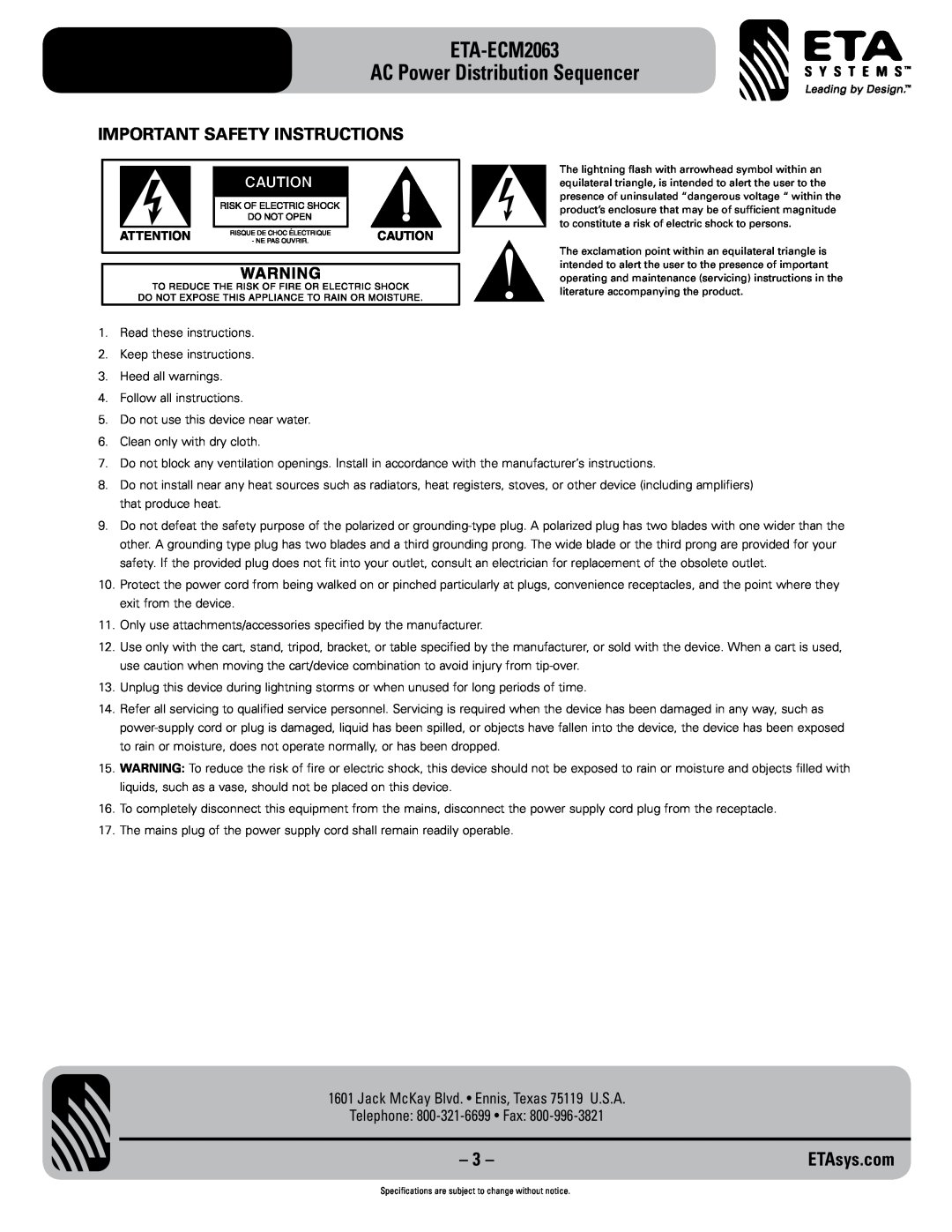 ETA Systems eta-ecm2063 Important Safety Instructions, ETA-ECM2063 AC Power Distribution Sequencer, ETAsys.com 