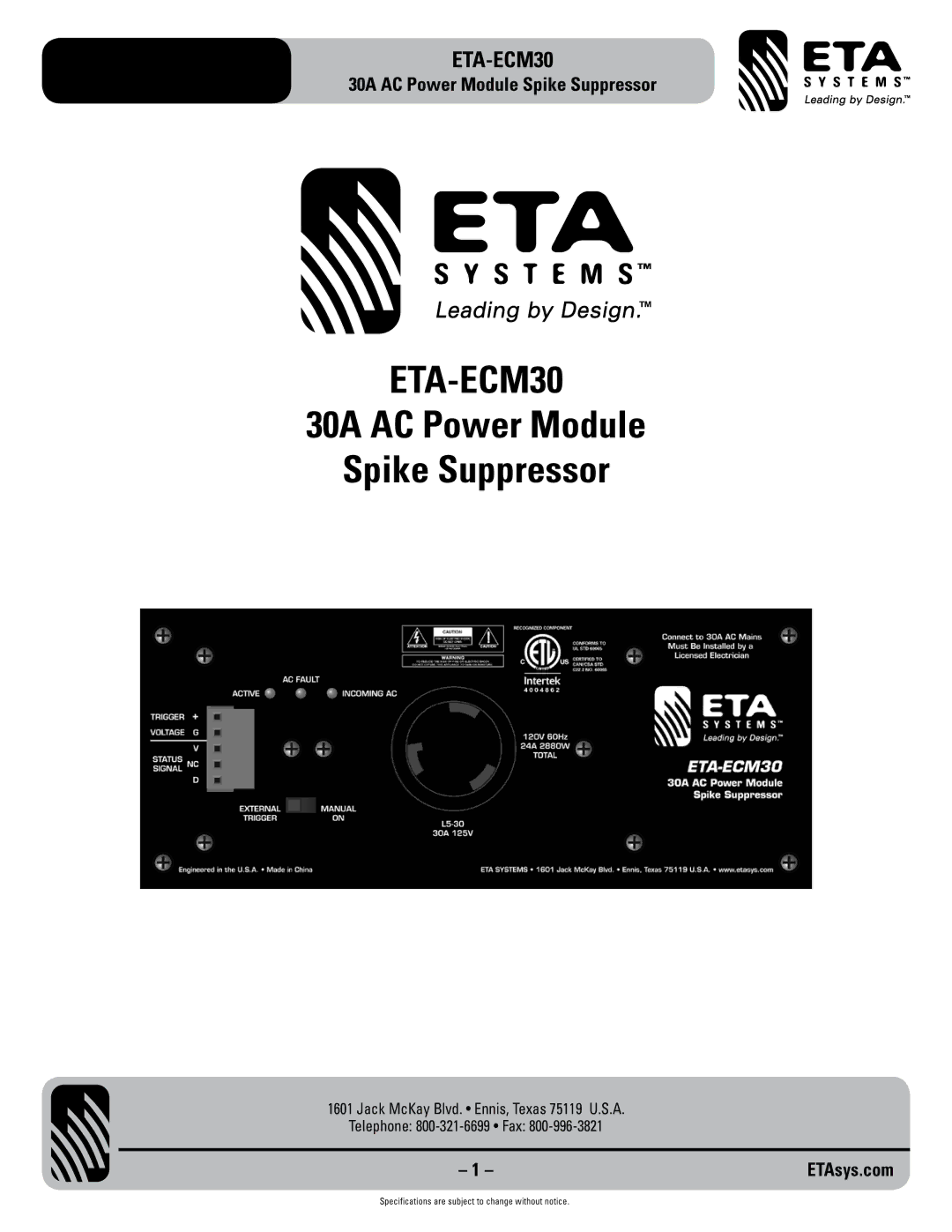 ETA Systems ETA-ECM30 specifications 