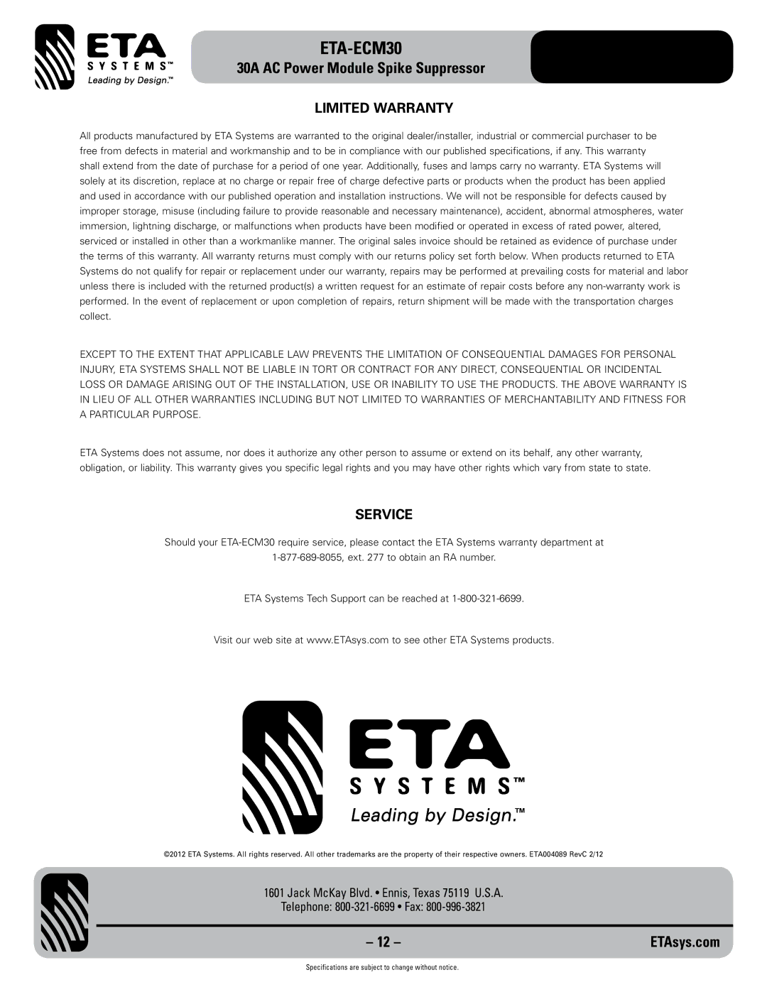 ETA Systems ETA-ECM30 specifications Limited Warranty, Service 