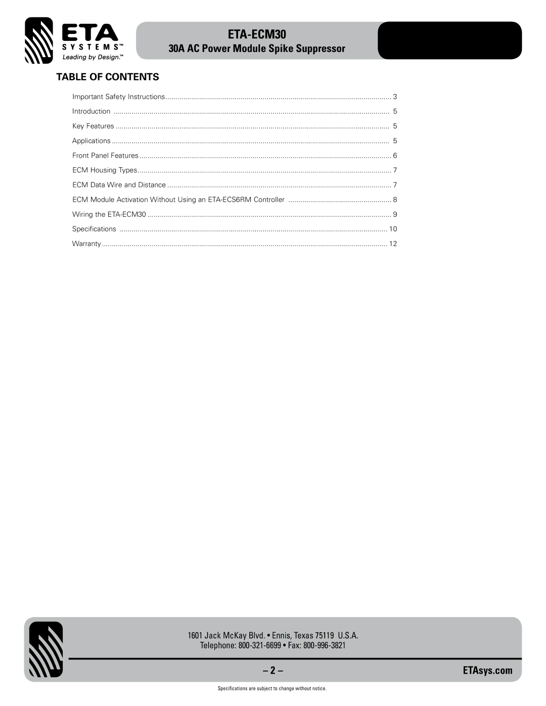 ETA Systems ETA-ECM30 specifications Table of Contents 