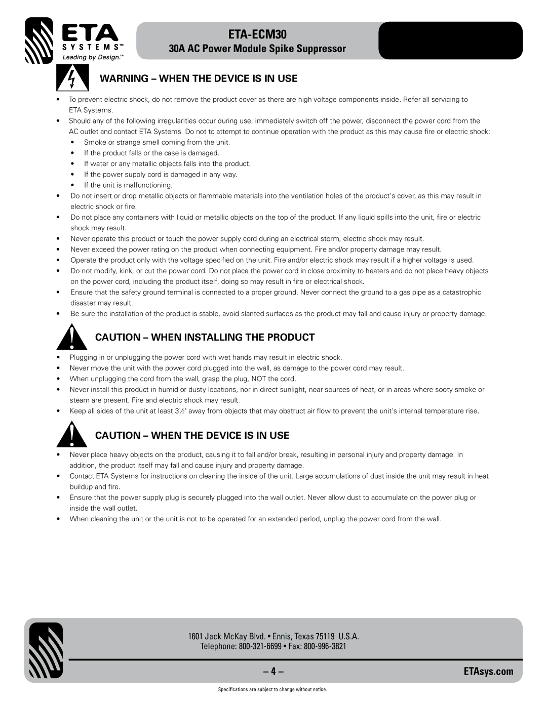 ETA Systems ETA-ECM30 specifications 