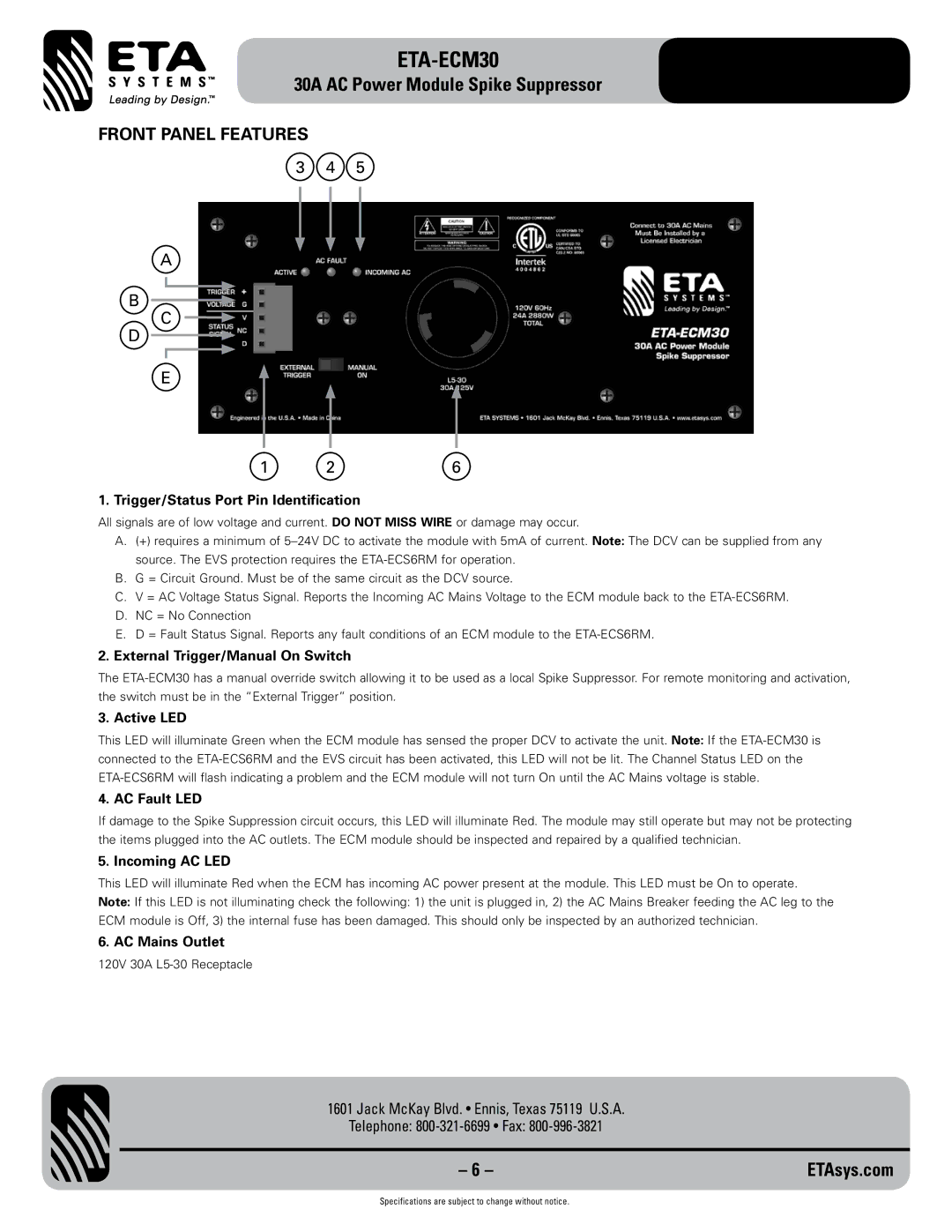 ETA Systems ETA-ECM30 specifications Front Panel Features, Trigger/Status Port Pin Identification 