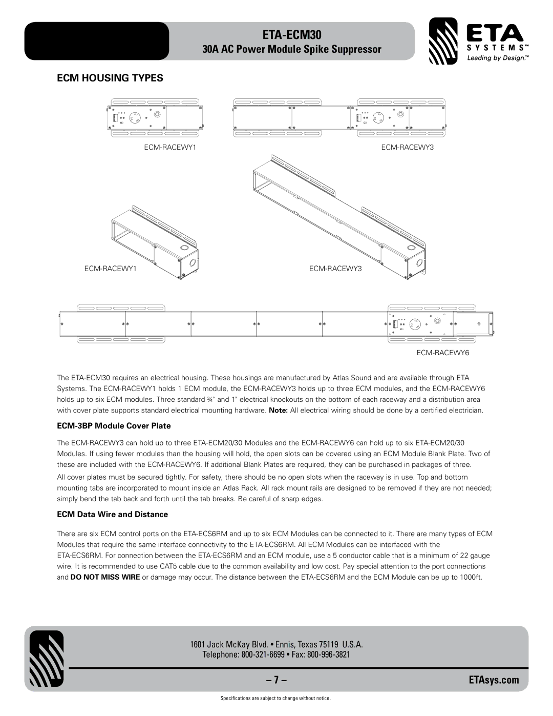 ETA Systems ETA-ECM30 specifications ECM Housing Types, ECM-RACEWY1 ECM-RACEWY3 ECM-RACEWY6 