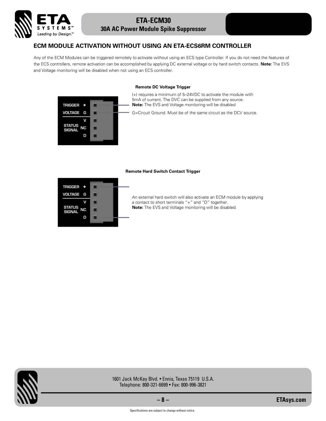 ETA Systems ETA-ECM30 specifications ECM Module Activation Without Using AN ETA-ECS6RM Controller 