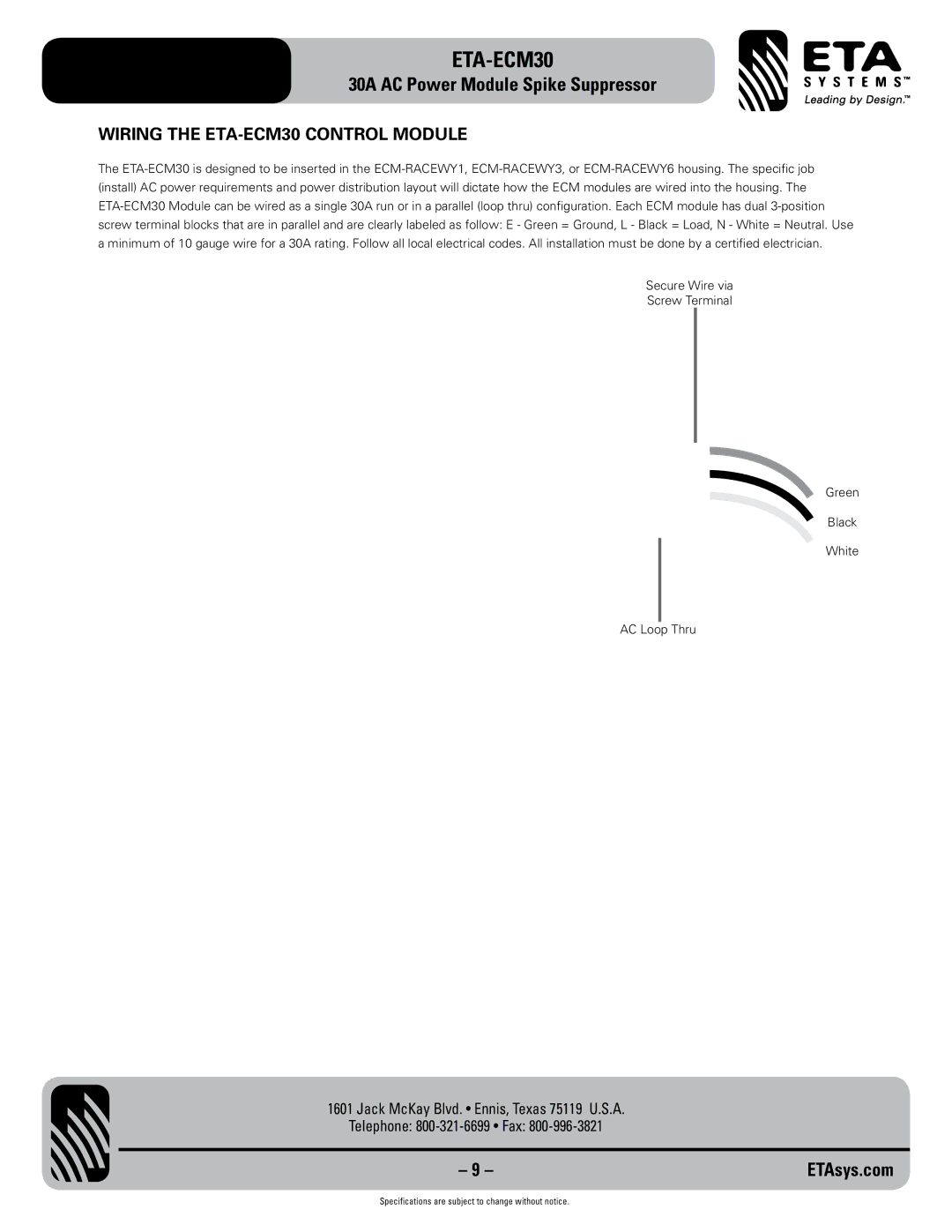 ETA Systems specifications Wiring the ETA-ECM30 Control Module 