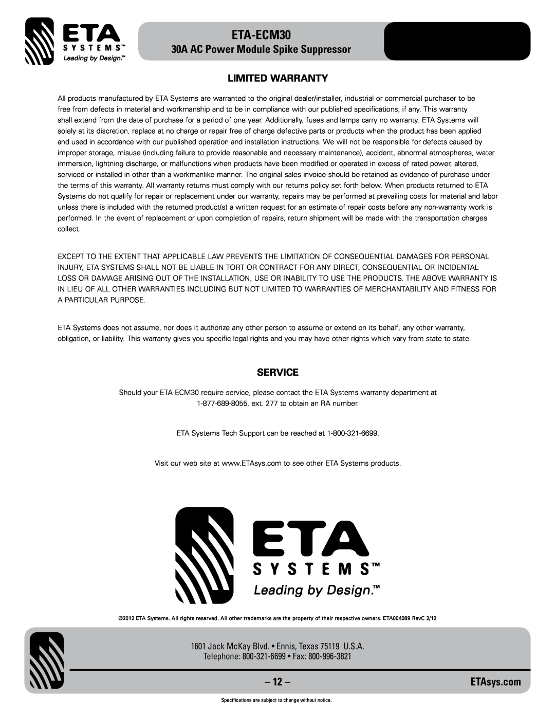 ETA Systems ETA-ECM30 Limited Warranty, Service, 30A AC Power Module Spike Suppressor, Telephone 800-321-6699 Fax 