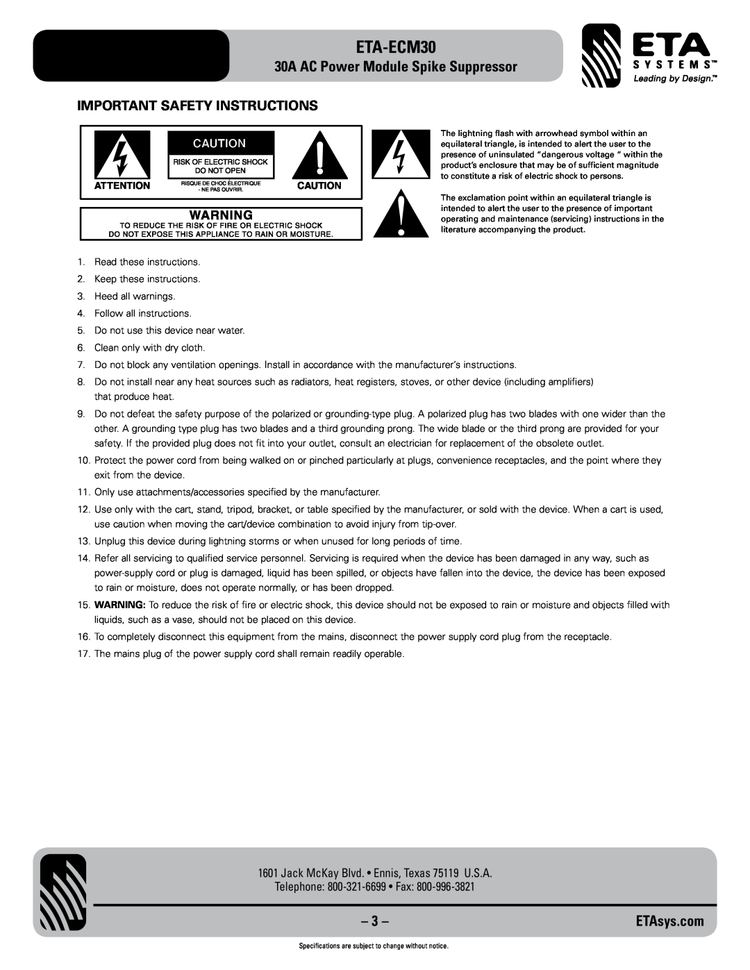 ETA Systems ETA-ECM30 Important Safety Instructions, 30A AC Power Module Spike Suppressor, Telephone 800-321-6699 Fax 