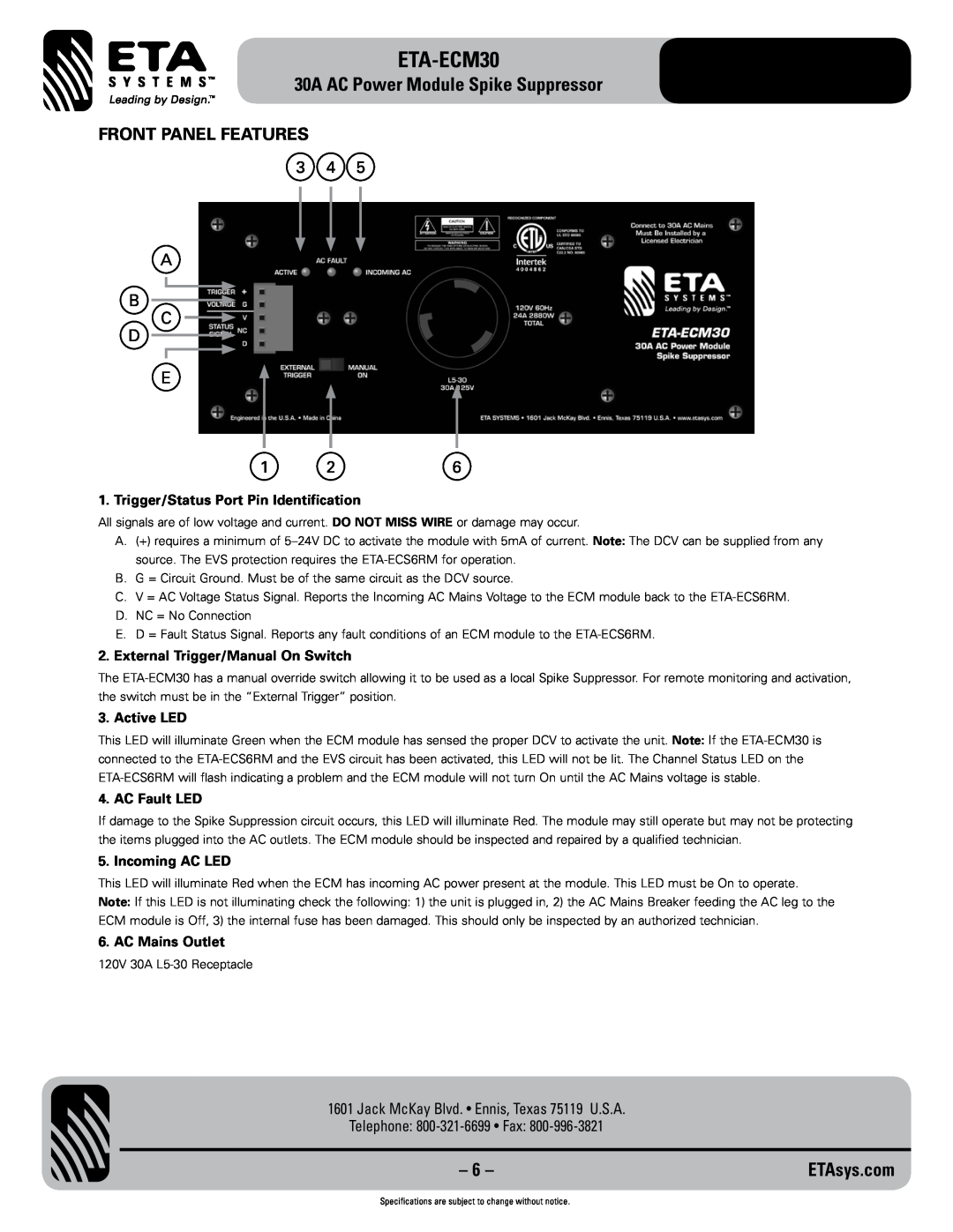 ETA Systems ETA-ECM30 Front Panel Features, Trigger/Status Port Pin Identification, External Trigger/Manual On Switch 