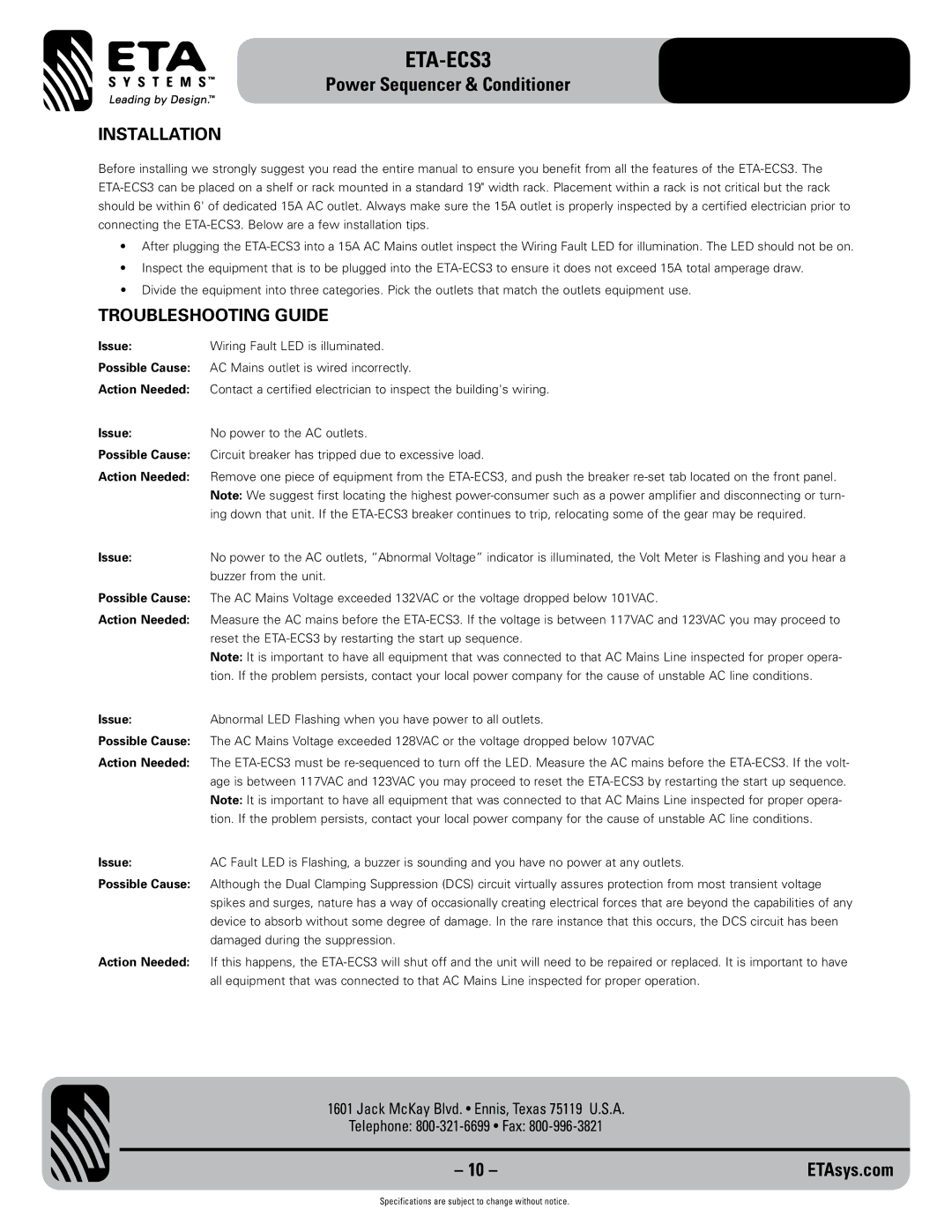 ETA Systems ETA-ECS3 specifications Installation, Troubleshooting Guide 